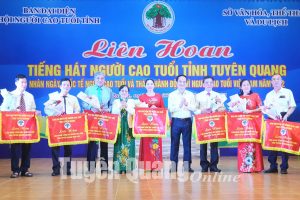 Đồng chí Hoàng Việt Phương, Ủy viên Ban chấp hành Đảng bộ tỉnh, Phó Chủ tịch UBND tỉnh, Trưởng ban Công tác Người cao tuổi tỉnh tặng cờ và hoa cho các đoàn tham dự Liên hoan.